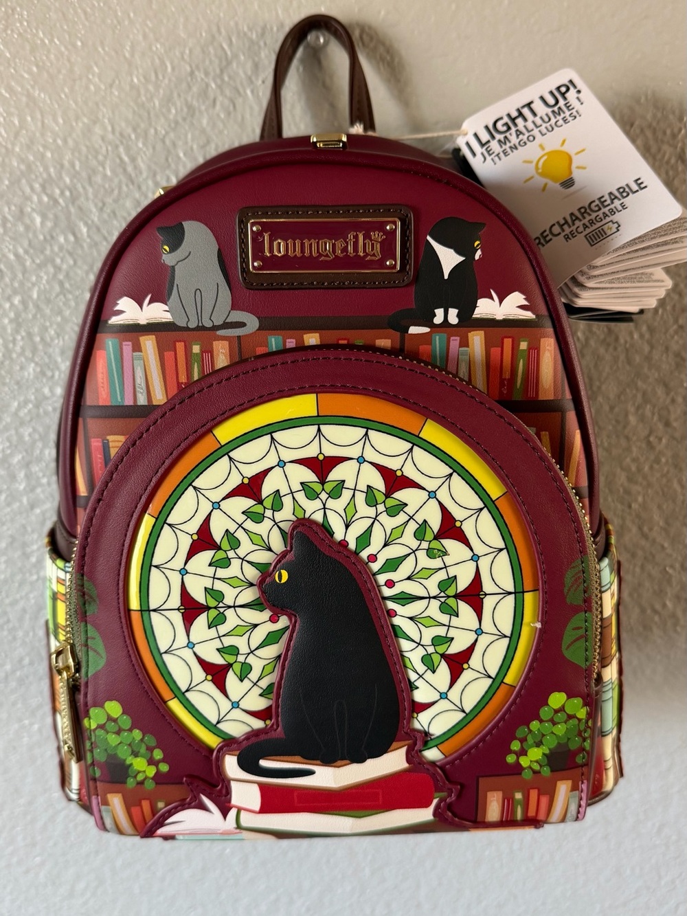 Loungefly Burgundy Cat Library Stained-Glass Mini Backpack with Light Up new